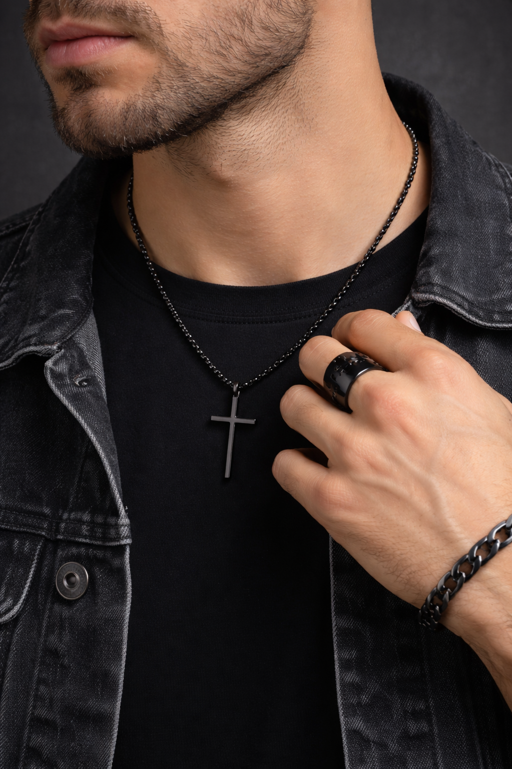 Conjunto Masculino Premium Colar Cruz + Pulseira Cubana + Anel Preto