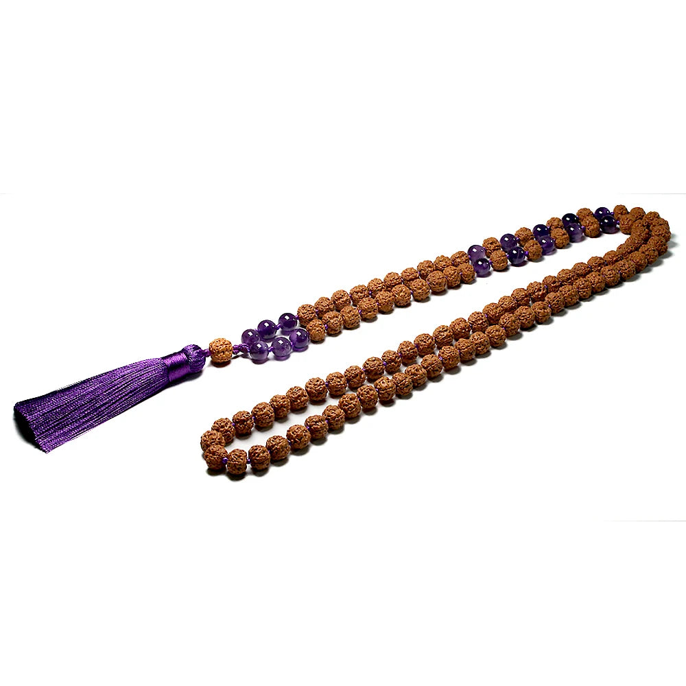 Colar Espiritual Zen 108 Contas Ametista Roxa e Rudraksha