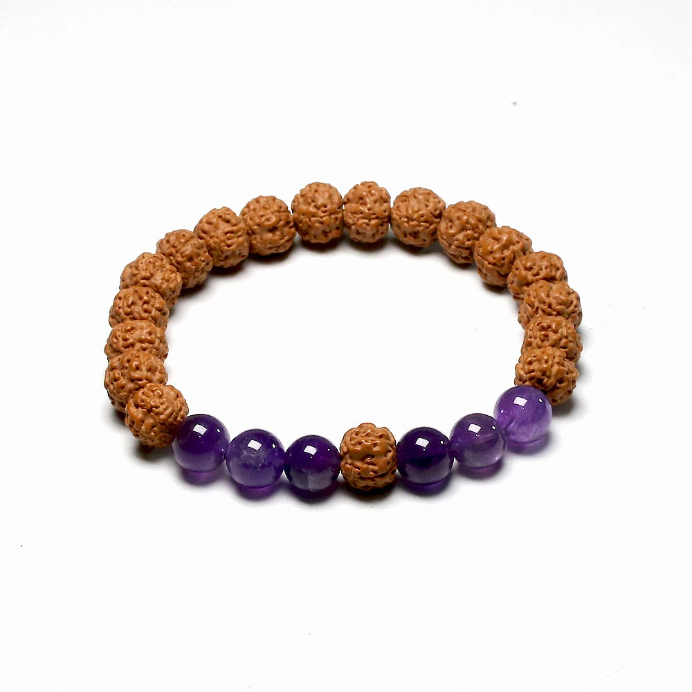 Colar Japamala Natural Rudraksha 108 Contas com Ametista para Meditação e Yoga