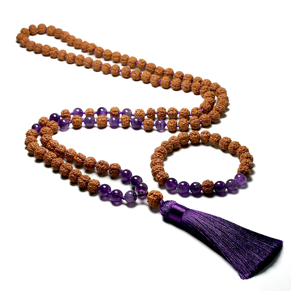 Colar Japamala Natural Rudraksha 108 Contas com Ametista para Meditação e Yoga kit