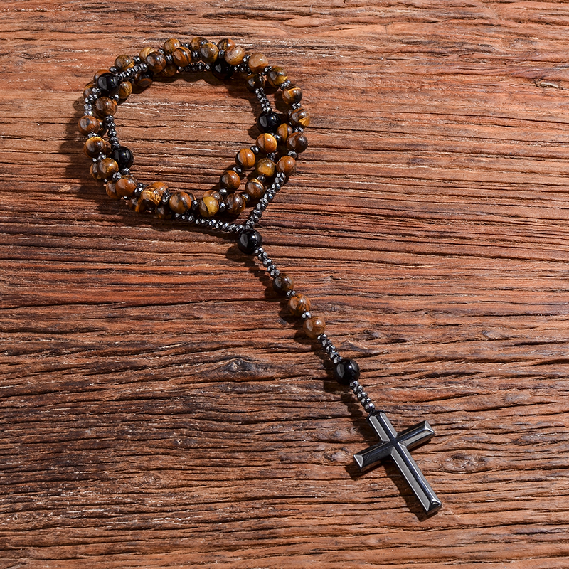 Colar Rosário Cruz Cristo - Pedra Natural Olho de Tigre e Ágata Preta, Masculino/Feminino, Meditação e Fé