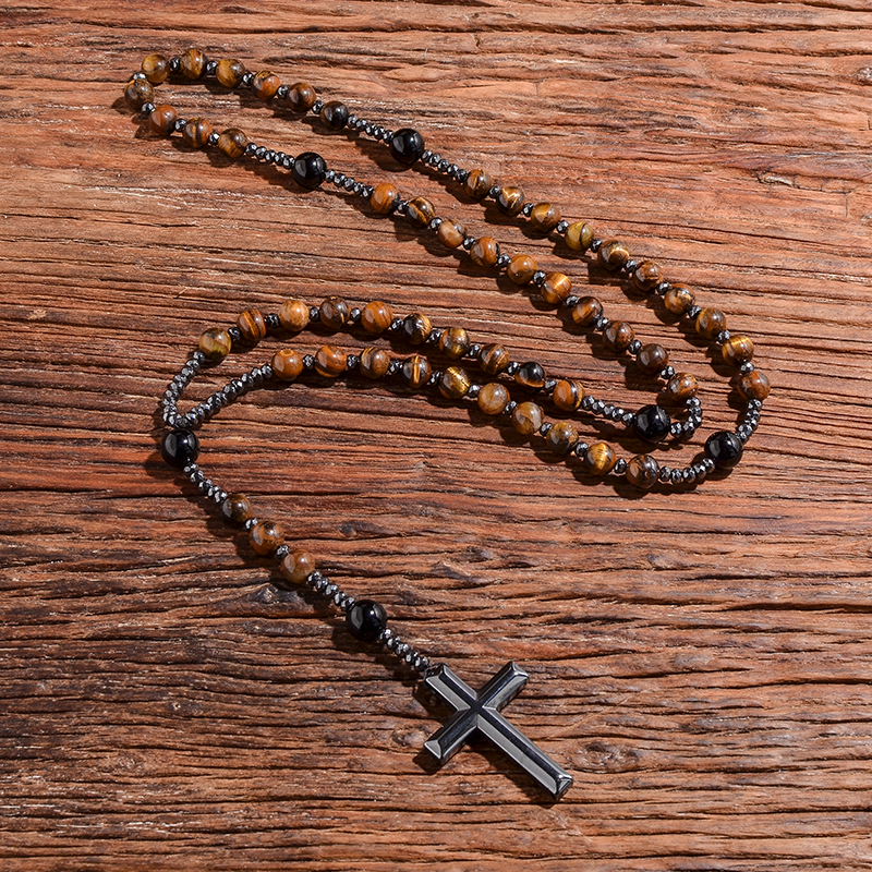 Colar Rosário Cruz Cristo - Pedra Natural Olho de Tigre e Ágata Preta, Masculino/Feminino, Meditação e Fé