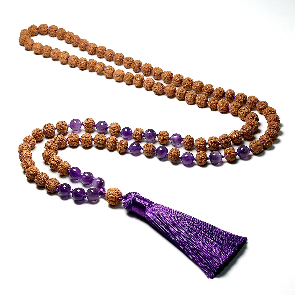 Colar Mala Budista 108 Contas Rudraksha Japamala Yoga 108 Contas Natural com Ametista e TasselYoga Zen