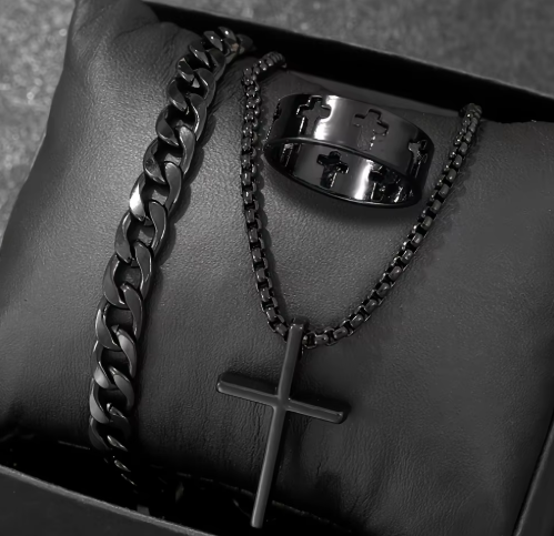 Kit Masculino Aço Inoxidável Preto Colar Cruz Pulseira e Anel