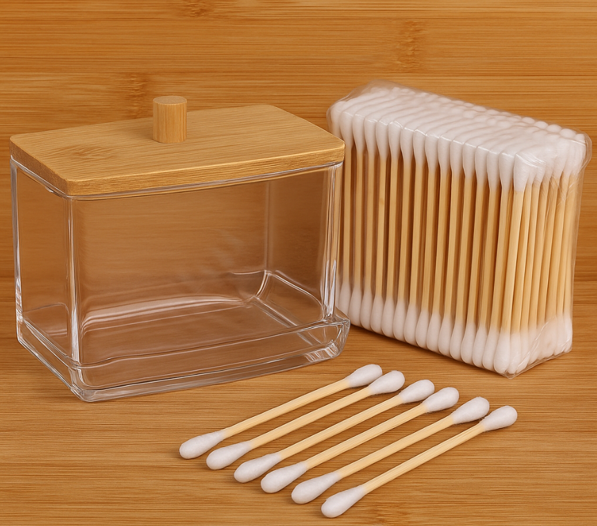 Kit Cotonetes Ecológicos de Bambu e Pote De Bambu - 1000 Unidades