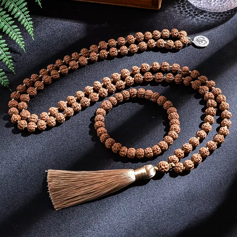 Japamala de Rudraksha 7-8mm Original 108 Contas – Colar Pulseira Rosário para Meditação, Yoga e Proteção Espiritual