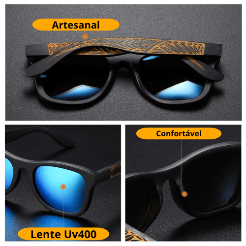Óculos de Sol de Bambu com Armação Preta - Tribal Black