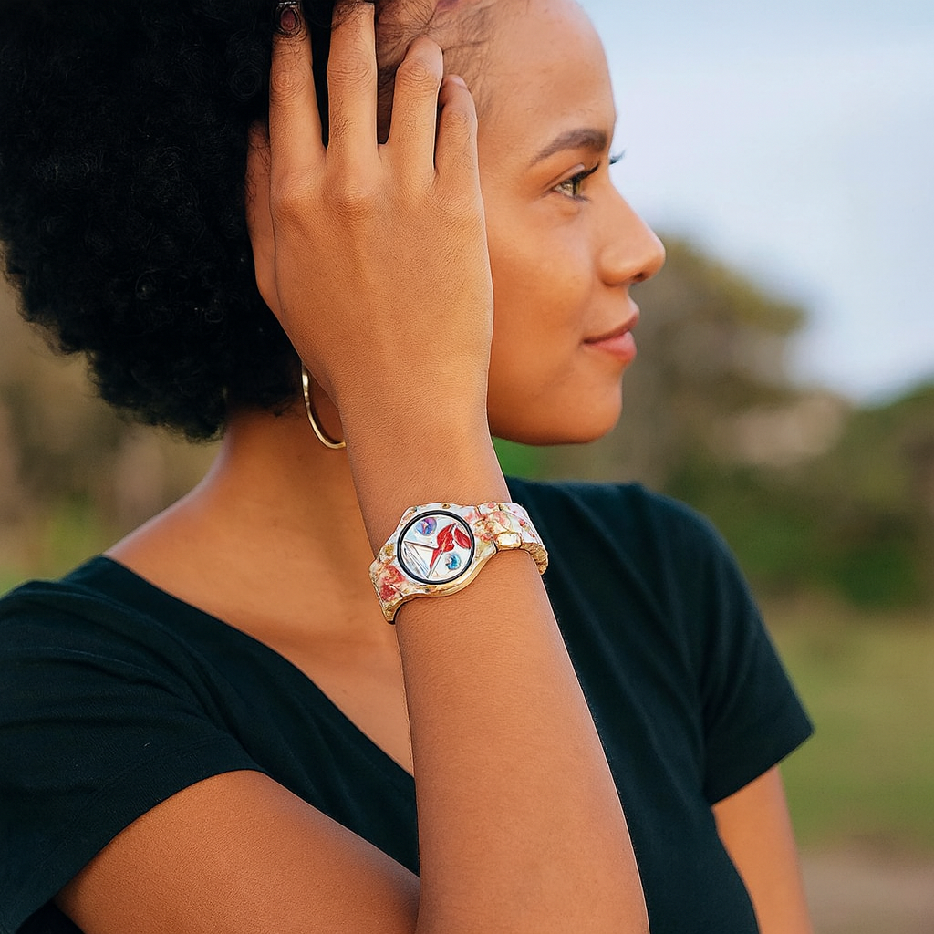 Relógio de Pulso de Madeira Feminino Estampado - Wood Butterfly