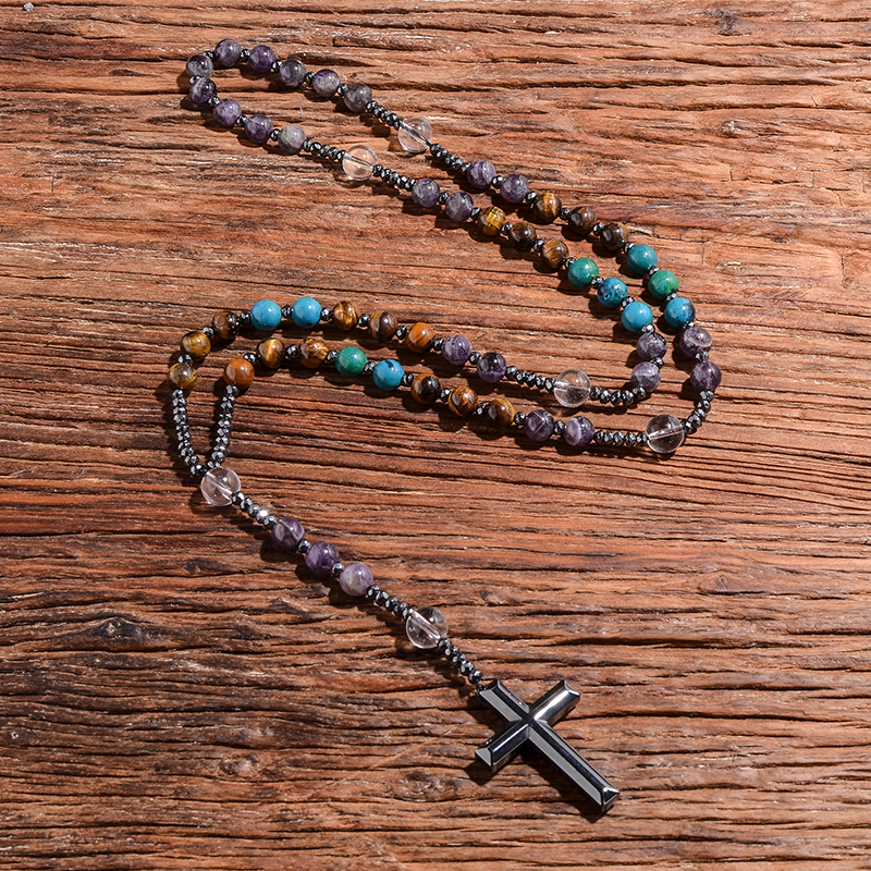 Rosário Colar Cruz Cristo em Pedra Natural Olho de Tigre, Ametista e Hematita